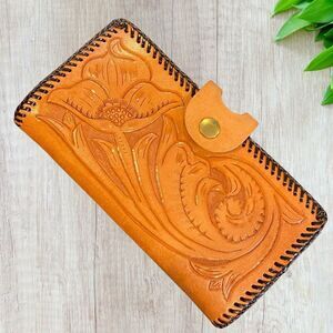 Vintage Brown Leather Hand Tooled Floral Pattern Wallet Organizer WPM